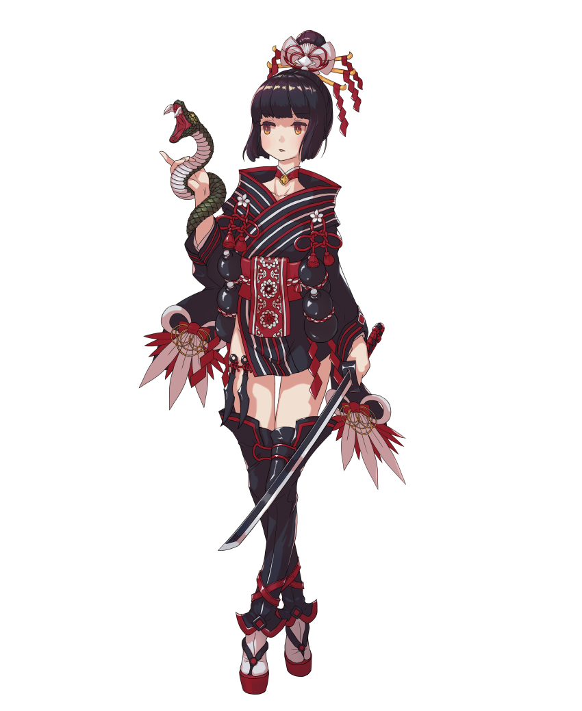 1girl, absurdres, armor, artist_request, bad_id, bad_pixiv_id, black_hair, black_kimono