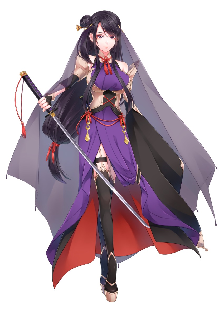 1girl, bad_id, bad_pixiv_id, bare_shoulders, black_hair, black_thighhighs, breasts, bridal_gauntlets