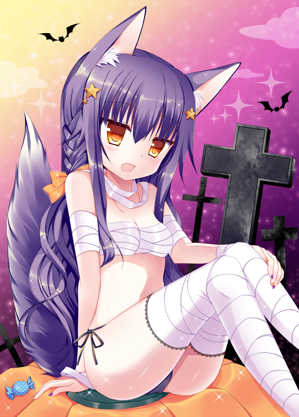 1girl, :d, animal_ears, arm_support, bandaged_arm, bandaged_leg, bandages, bat_(animal)