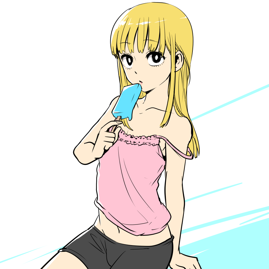 1boy, arm_support, bike_shorts, black_eyes, blonde_hair, bulge, camisole, collarbone, eating, eyelashes, fingernails, flat_color, food, girly_boy, ice_cream, lips, long_hair, looking_at_viewer, male_focus, navel, oozora_hibari, sidelocks, simple_background, sitting, sketch, stop!_hibari-kun, strap_slip, suparu_(detteiu), trap, white_background