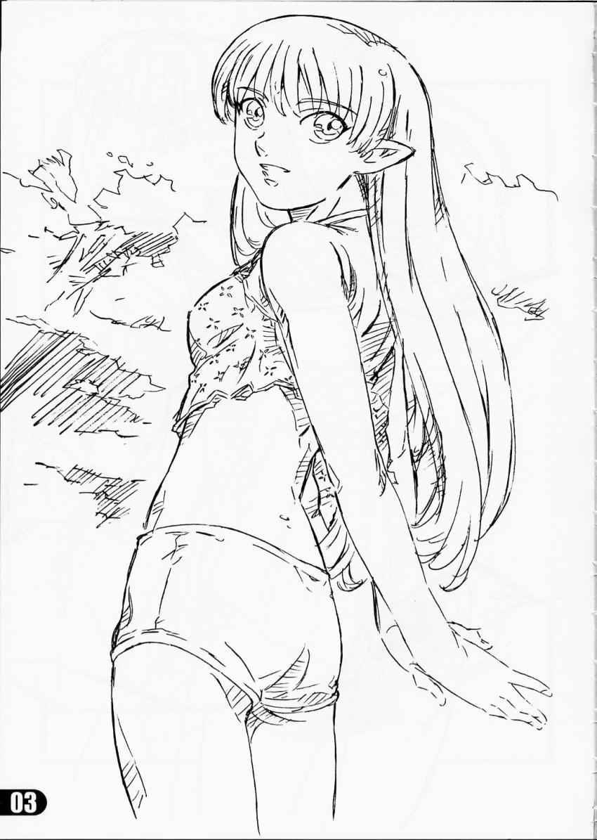 1girl, arms_behind_back, back, crop_top, elf, female_focus, flat_chest, from_behind