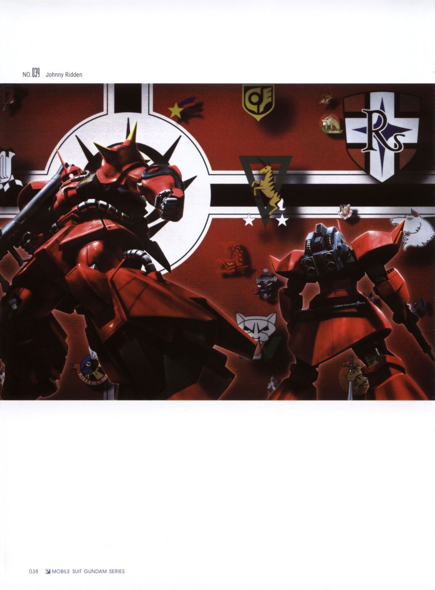 absurdres, beam_rifle, emblem, energy_gun, flag, from_behind, gelgoog, gelgoog_hmt_johnny_ridden_custom, gelgoog_johnny_ridden_custom, gun, gundam, gundam_msv, highres, johnny_ridden, m1_bazooka, mecha, mobile_suit_gundam, morishita_naochika, no_humans, official_art, robot, rocket_launcher, scan, weapon, zaku, zaku_ii, zaku_ii_hmt_johnny_ridden_custom, zaku_ii_johnny_ridden_custom