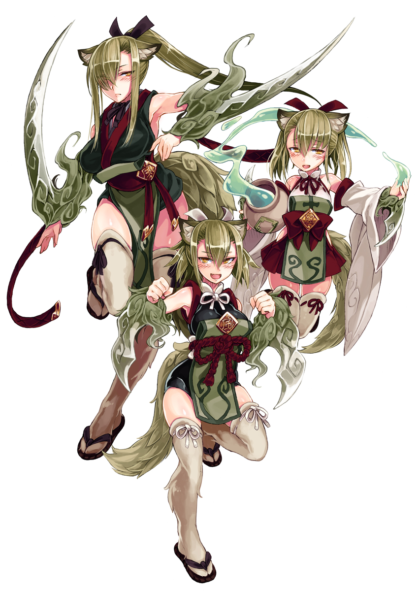 3girls, :d, animal_ear_fluff, animal_ears, arm_blade, armpits, bare_shoulders, blade, blush, breasts, clenched_hands, closed_mouth, detached_sleeves, eyes_visible_through_hair, fur, green_hair, grey_legwear, hair_between_eyes, hair_over_one_eye, highres, holding, holding_pot, hydrokinesis, japanese_clothes, kamaitachi_(monster_girl_encyclopedia), kenkou_cross, large_breasts, legs, long_hair, long_sleeves, looking_at_viewer, magic, medium_hair, monster_girl_encyclopedia, monster_girl_encyclopedia_ii, multiple_girls, official_art, open_mouth, orange_eyes, pelvic_curtain, ponytail, pot, sandals, sash, short_hair, simple_background, small_breasts, smile, standing, standing_on_one_leg, tabi, tail, thighhighs, twintails, water, weapon, white_background, wide_sleeves