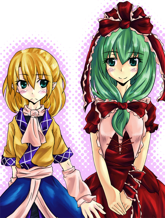 2girls, arm_warmers, asamori, blonde_hair, blush, dress, female_focus, frills