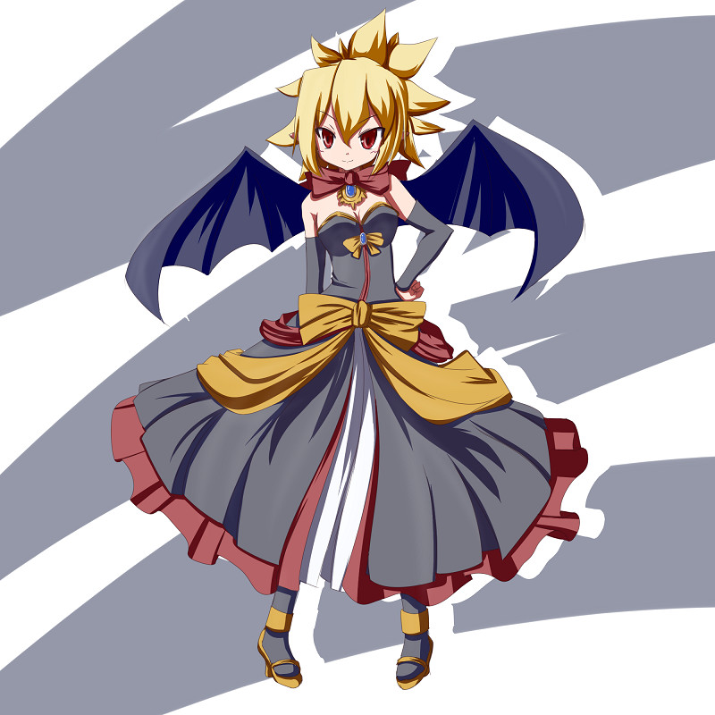 1girl, bat_wings, blonde_hair, bow, demon_girl, detached_sleeves, disgaea, dress
