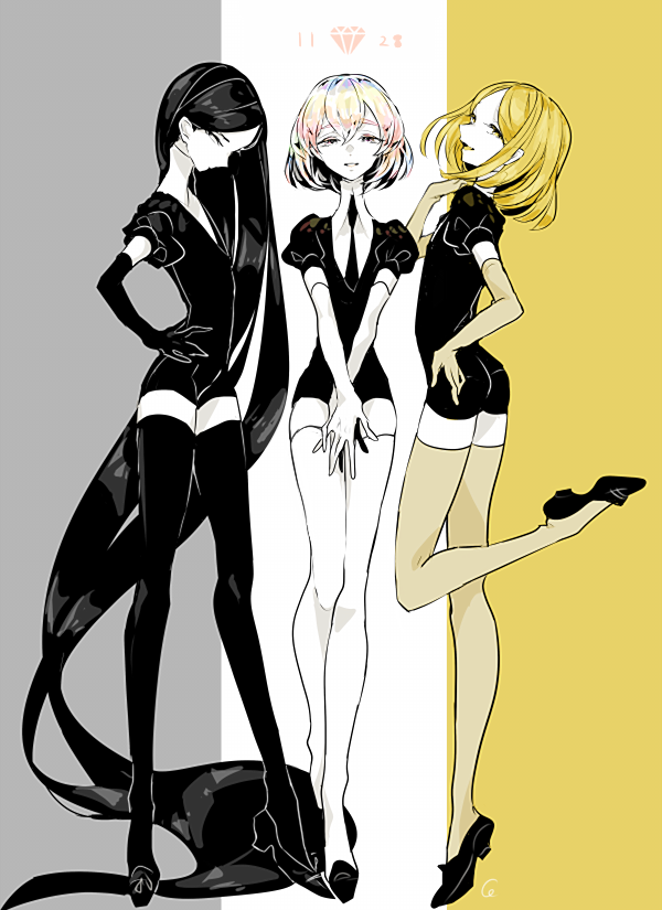 3others, absurdly_long_hair, black_hair, black_legwear, blonde_hair, bort, cojima, diamond_(houseki_no_kuni)