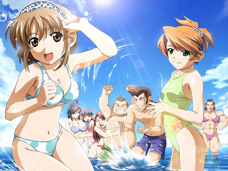 2boys, 6+girls, aozora_haruka, bikini, day, edelweiss_(overdrive), everyone, game_cg, haruka_aozora, hug, kamoike_ran, katakura_shinji, multiple_boys, multiple_girls, muscular, ocean, ran_kamoike, swimsuit, water, wet