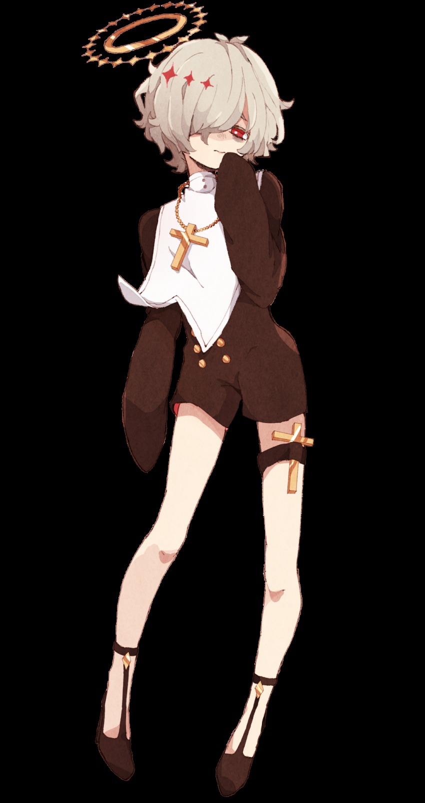 1boy, bags_under_eyes, cross, cross_necklace, full_body, hair_over_one_eye, halo, highres, jewelry, kazehiki_(utau), kuru2suuzi, long_sleeves, looking_at_viewer, male_focus, necklace, official_art, pigeon-toed, red_eyes, short_jumpsuit, solo, thigh_strap, transparent_background, utau