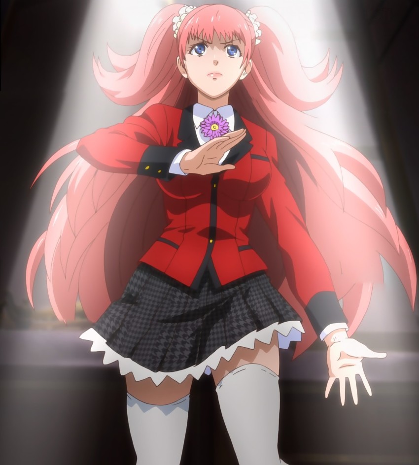 1girl, blue_eyes, female_focus, flower, from_below, highres, jacket, kakegurui, long_hair, pink_hair, pleated_skirt, school_uniform, screencap, serious, skirt, solo, thighhighs, very_long_hair, white_thighhighs, yumemite_yumemi