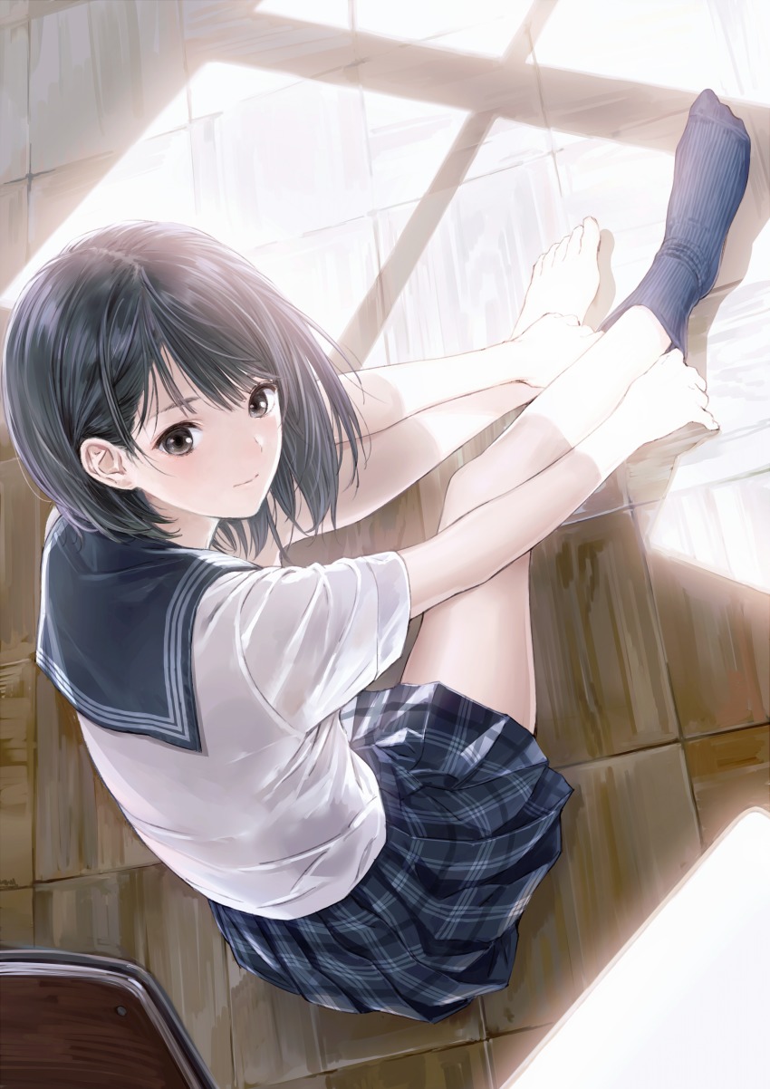 1girl, absurdres, barefoot, black_hair, blue_reflection_(series), blue_reflection_maboroshi_ni_mau_shoujo_no_ken, brown_eyes, feet