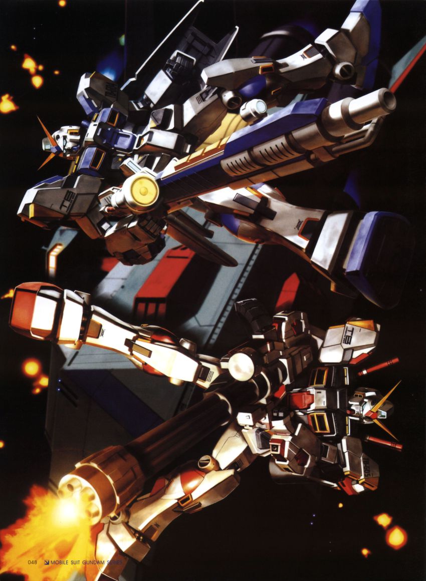 absurdres, beam_rifle, energy_gun, gatling_gun, gun, gundam, gundam_g04, gundam_g05, gundam_side_story:_from_place_beyond_the_blaze, highres, mecha, morishita_naochika, official_art, robot, scan, shield, space, thoroughbred, weapon