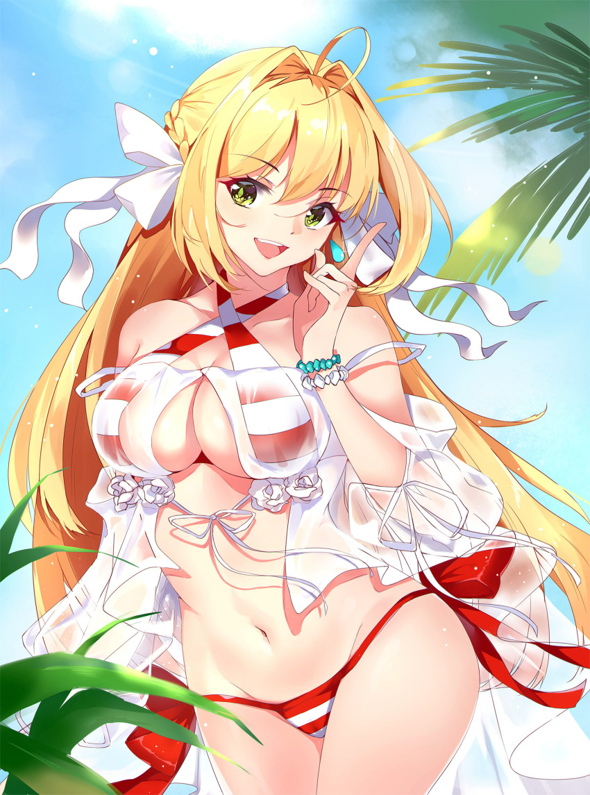 1girl, :d, absurdres, ahoge, bead_bracelet, beads, bikini, blonde_hair