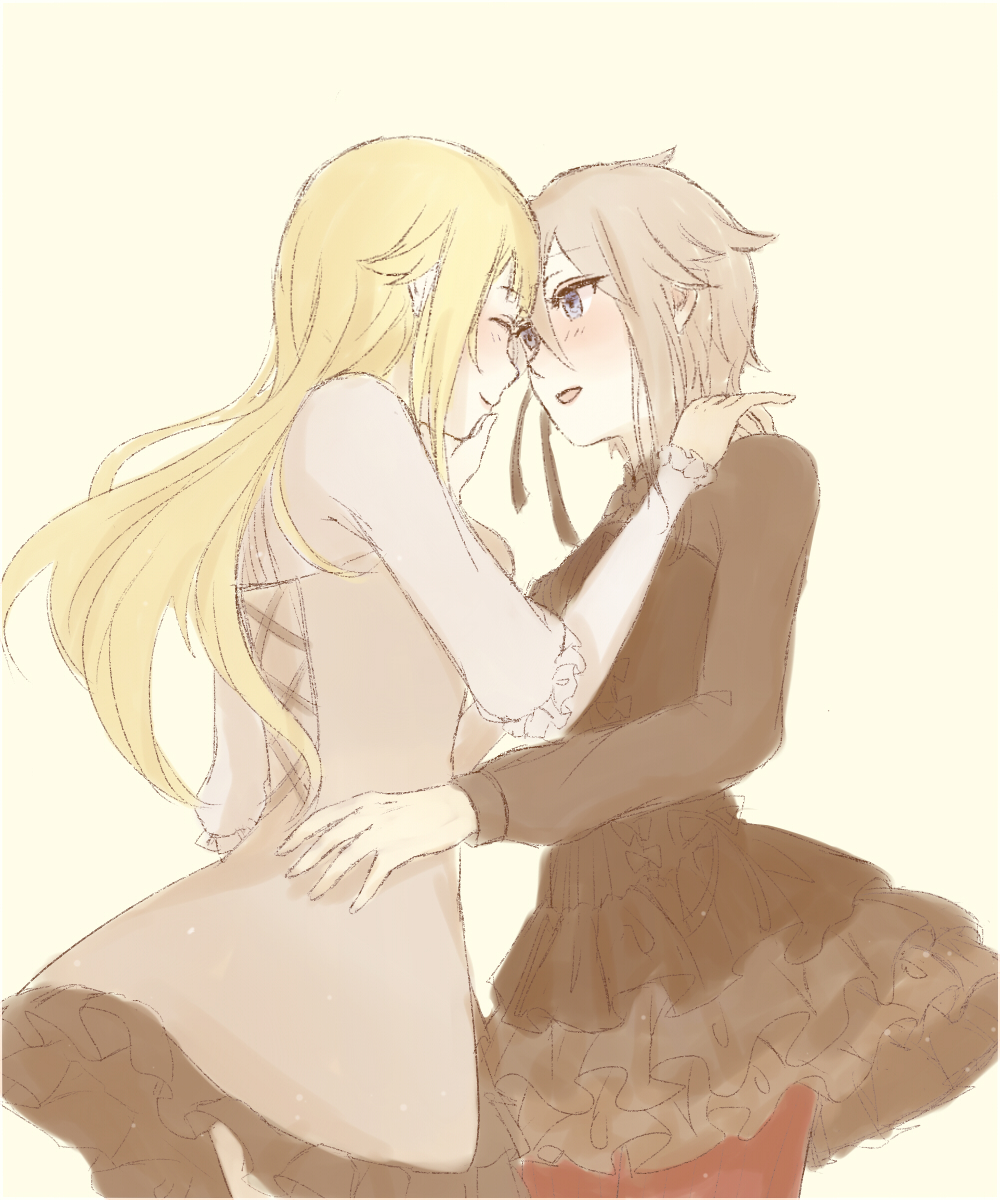 2girls, ange_(princess_principal), blush, couple, from_side, hand_on_another's_shoulder, hands_on_another's_hips, highres