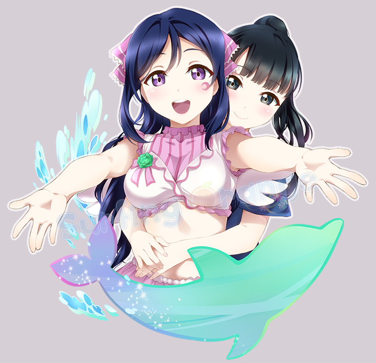 2girls, alternate_hairstyle, black_hair, blue_hair, bow, breasts, dolphin, facial_mark