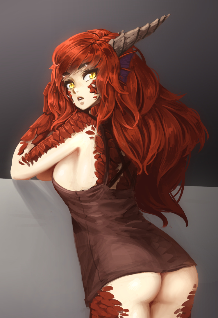 1girl, ass, barbariank, bottomless, breasts, brown_shirt, commentary, cowboy_shot, dragon_girl, dragon_horns, female_focus, fins, from_behind, grey_background, head_fins, horns, large_breasts, leaning_on_object, looking_at_viewer, looking_back, monster_girl, parted_lips, personification, red_dragon_(d&amp;d), red_hair, scales, shirt, sideboob, sleeveless, sleeveless_shirt, slit_pupils, solo, standing, yellow_eyes