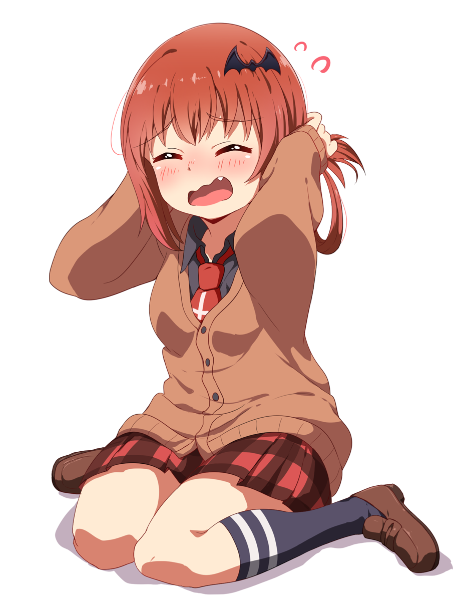 1girl, arms_behind_head, bat_hair_ornament, black_shirt, blush, cardigan, closed_eyes, cross, embarrassed, fang, female_focus, gabriel_dropout, hair_ornament, hair_rings, highres, holding, holding_own_hair, inverted_cross, kei_(0497), pleated_skirt, red_hair, satanichia_kurumizawa_mcdowell, school_uniform, shirt, sitting, skirt, socks, solo, wariza, wavy_mouth, white_background