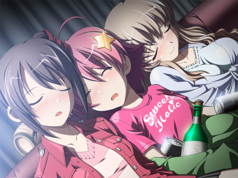 3girls, black_hair, blonde_hair, blush, breasts, drunk, closed_eyes, female_focus