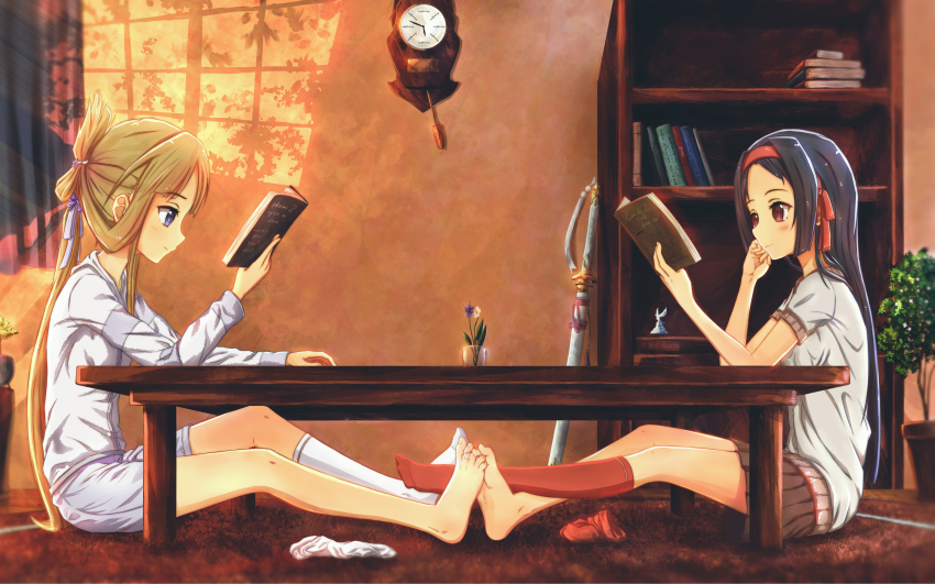 2girls, absurdres, barefoot, black_hair, blonde_hair, blush, book, book_stack