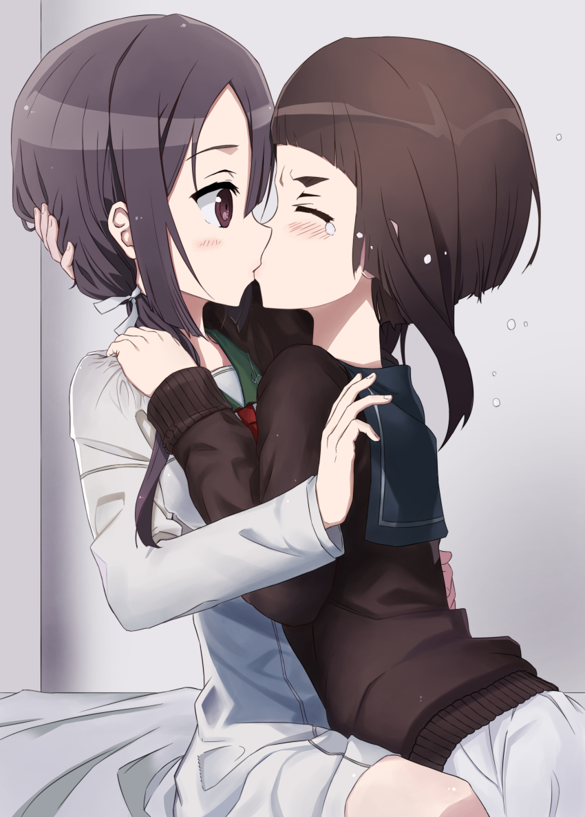 2girls, absurdres, black_hair, blush, brown_cardigan, brown_eyes, brown_hair, cardigan