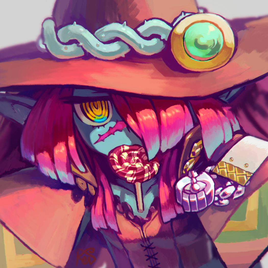 1girl, @_@, asymmetrical_bangs, blue_skin, blurry, blurry_background, brown_robe, candy