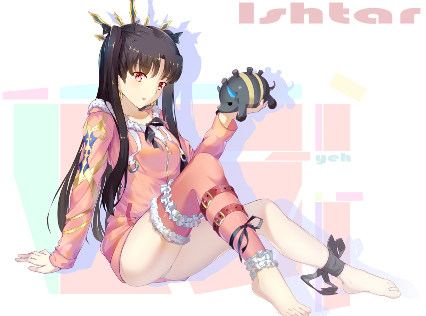 1girl, :o, ankle_garter, ankle_ribbon, arm_at_side, barefoot, black_hair, black_ribbon