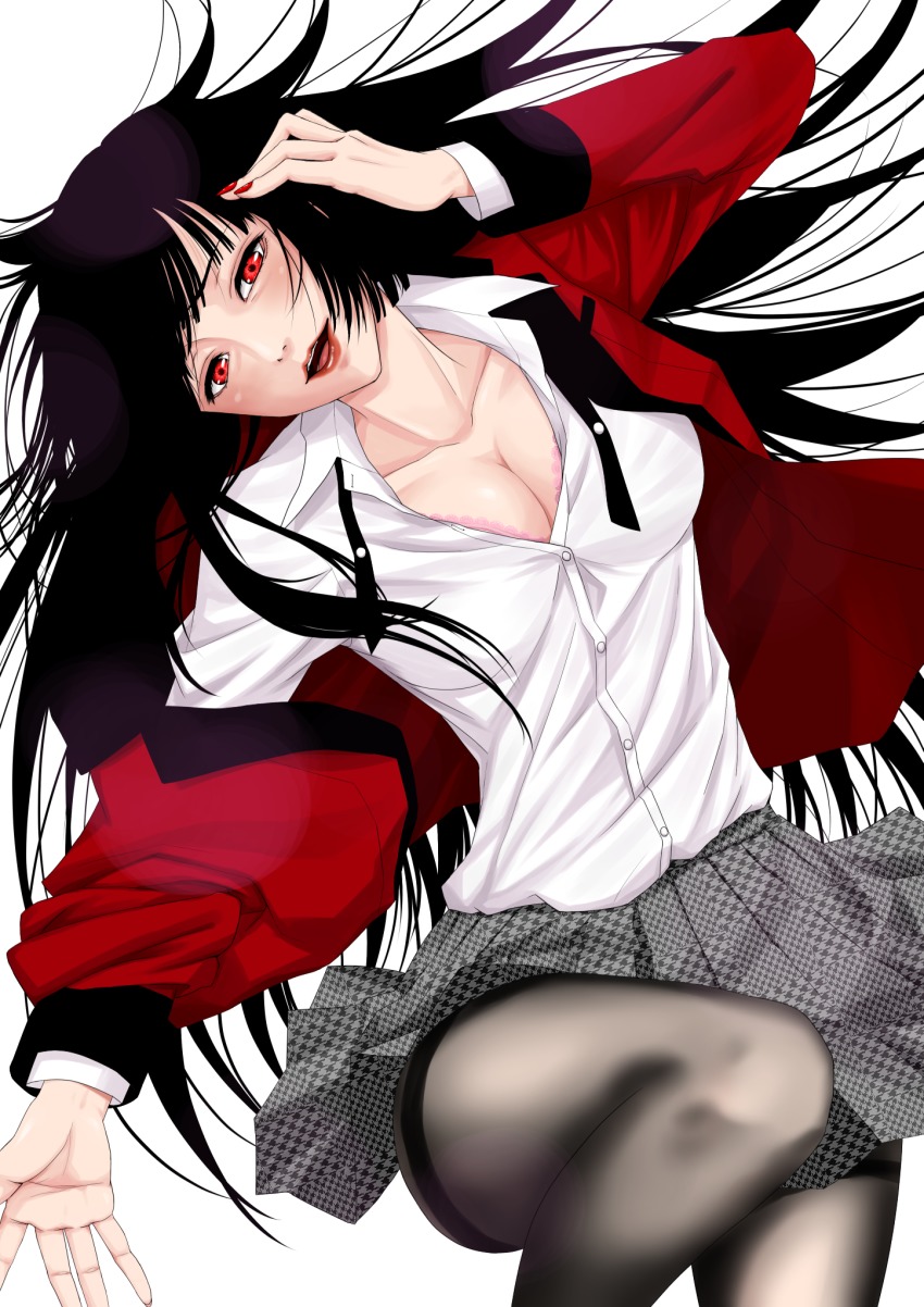 1girl, black_hair, black_pantyhose, blazer, bra, breasts, cleavage, collarbone, dress_shirt, female_focus, hand_on_own_chest, highres, houndstooth, jabami_yumeko, jacket, kakegurui, lace, lace-trimmed_bra, lace_trim, large_breasts, lips, lipstick, long_hair, looking_at_viewer, lying, makeup, nail_polish, on_back, open_mouth, pantyhose, pink_bra, red_eyes, red_lips, red_nails, school_uniform, shelty, shirt, skirt, solo, thighband_pantyhose, underwear, very_long_hair, white_shirt