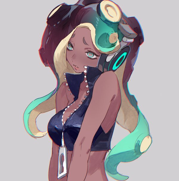 1girl, aqua_eyes, aqua_hair, bare_arms, bare_shoulders, breasts, crop_top, dark-skinned_female