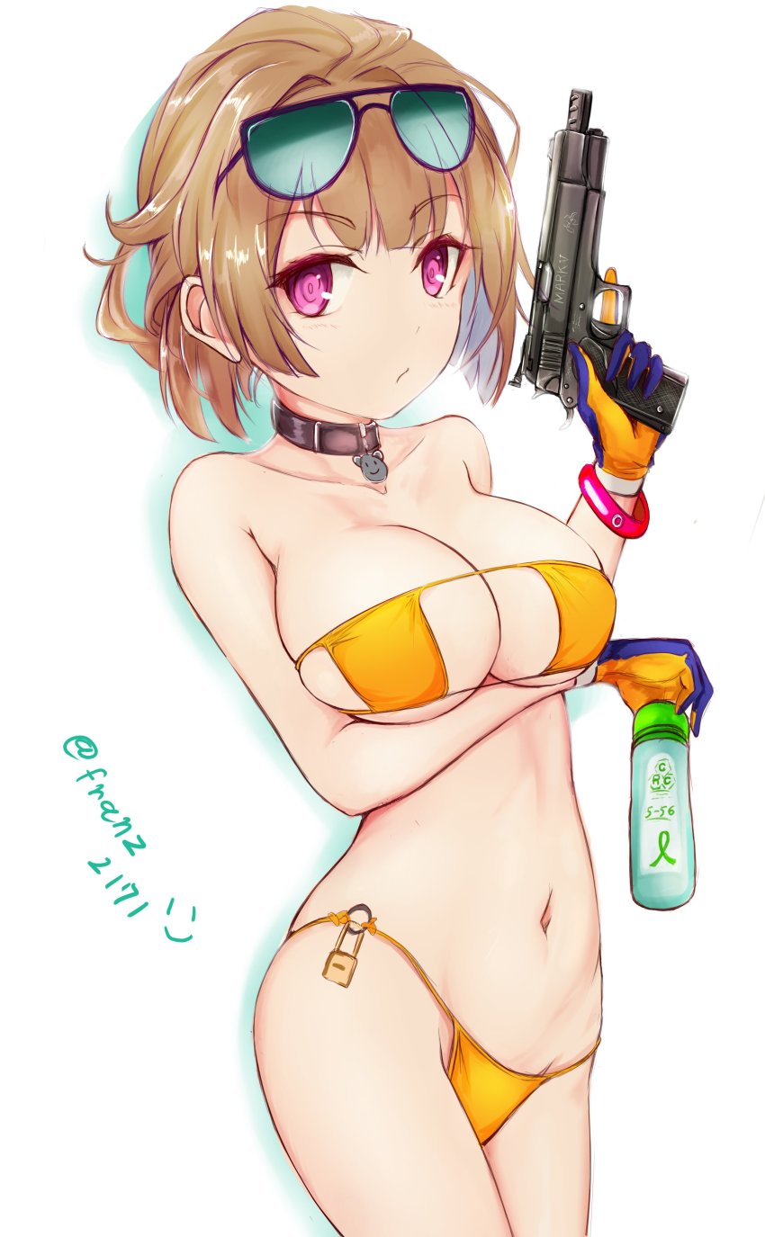 1girl, absurdres, arm_under_breasts, bad_id, bad_twitter_id, bikini, bottle, bracelet