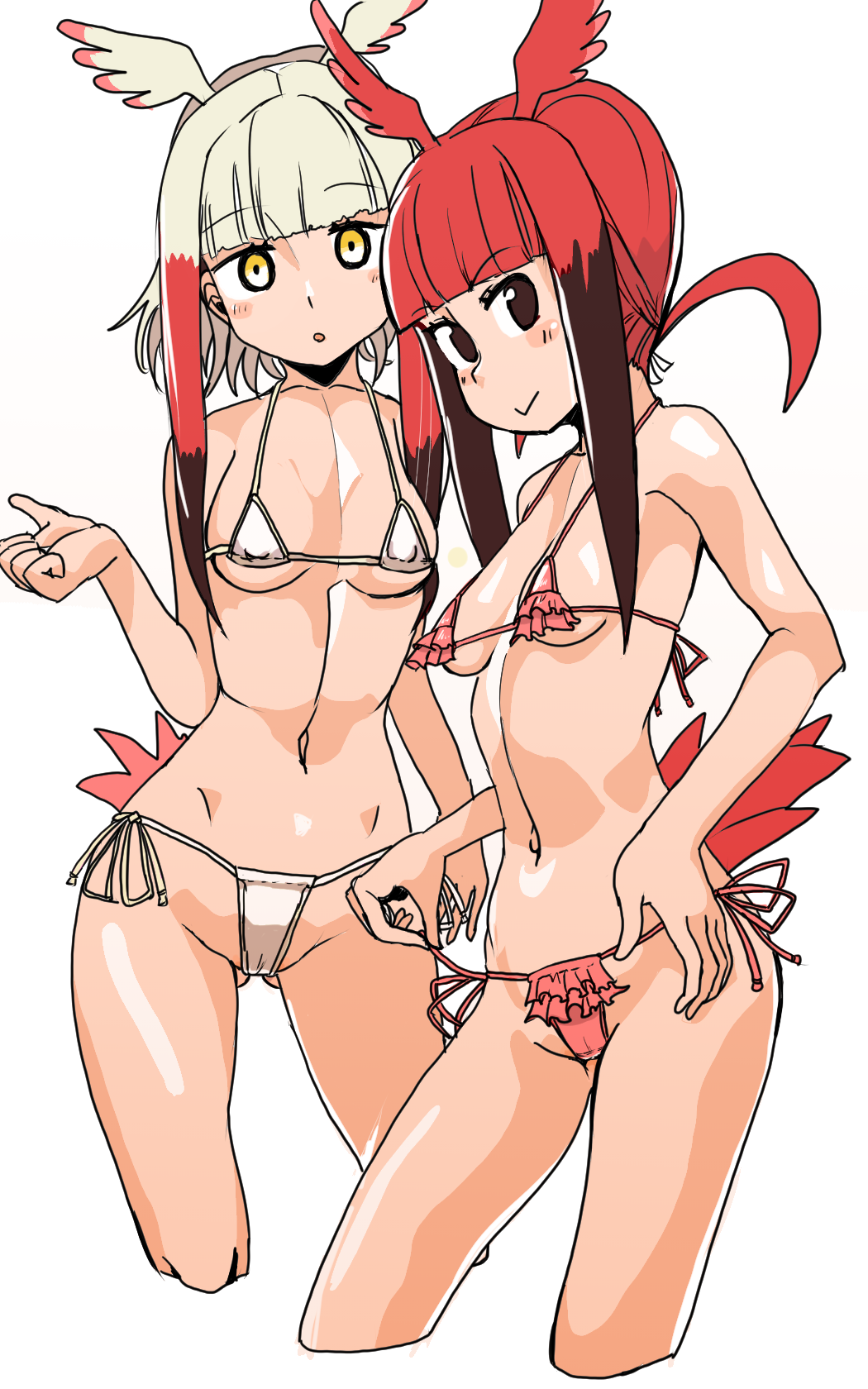 10s, 2girls, :>, :o, alternate_costume, arm_at_side, bare_shoulders, bikini