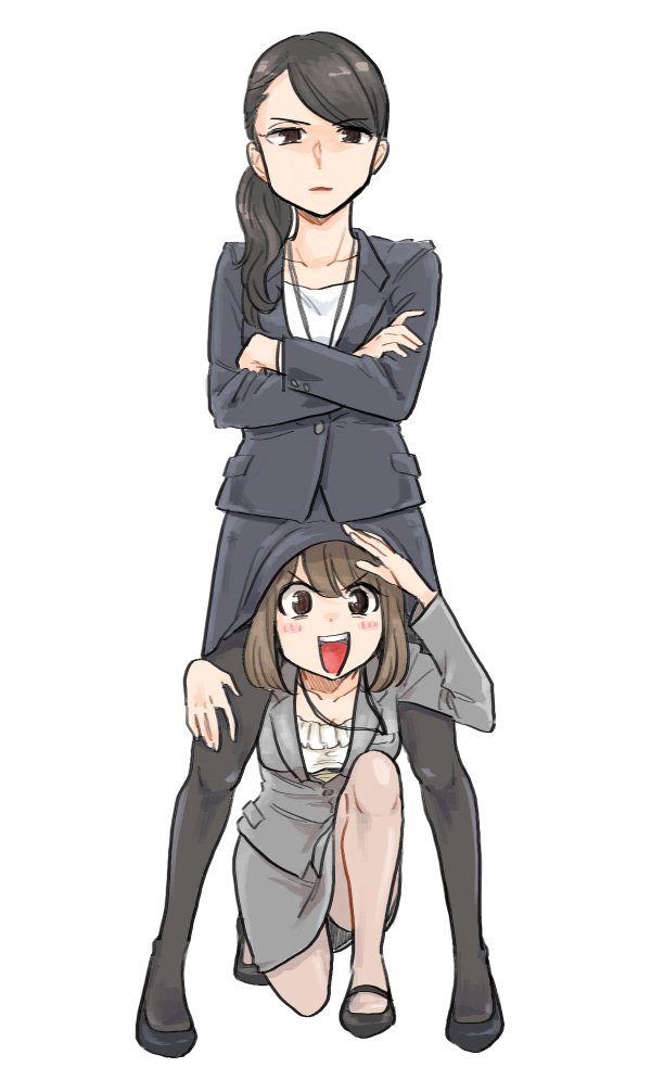 2girls, between_legs, black_hair, blush, brown_hair, commentary_request, crossed_arms, legs_apart
