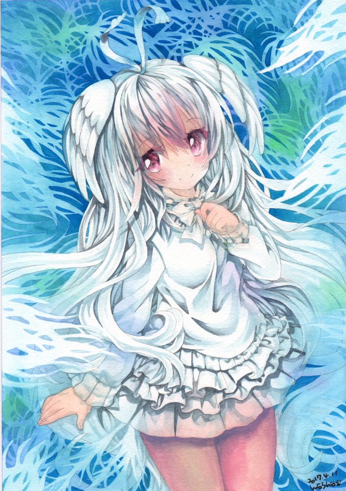 10s, 1girl, 2017, antenna_hair, bird_tail, bird_wings, blue_background, blush