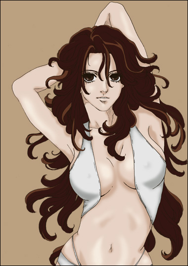 00s, brown_eyes, brown_hair, curly_hair, gundam, gundam_00, long_hair, navel