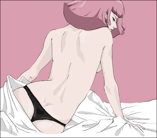1girl, back, bed_sheet, female_focus, gundam, haman_karn, lowres, odagiri_mayu, panties, pink_hair, short_hair, solo, thong, topless_female, underwear, zeta_gundam