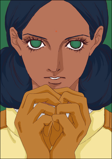 blue_hair, dark-skinned_female, dark_skin, desi, empty_eyes, gloves, green_eyes, gundam