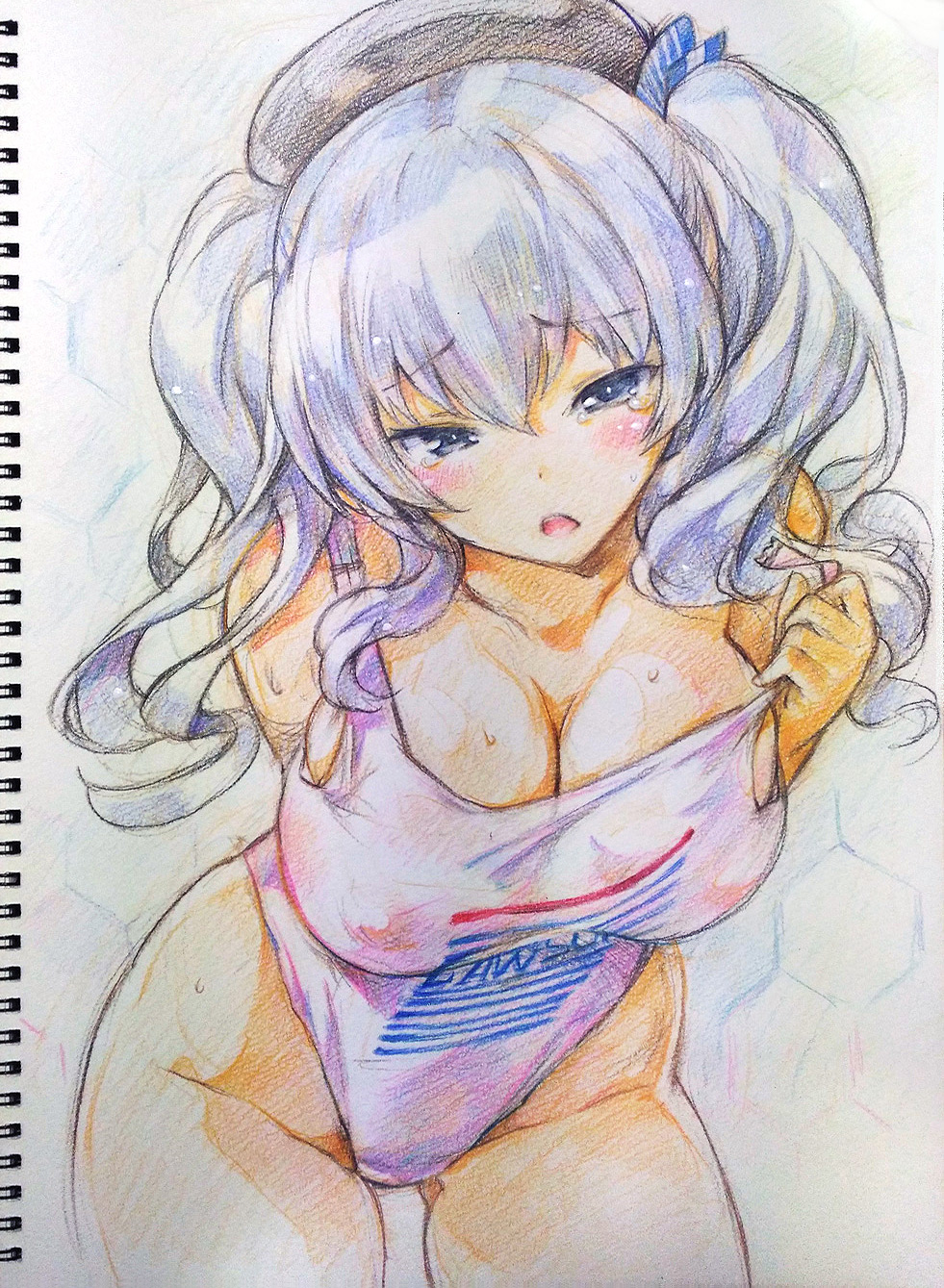 10s, 1girl, beret, blush, breasts, cleavage, covered_erect_nipples, female_focus, grey_eyes, hat, highleg, highres, kantai_collection, kashima_(kancolle), kiyama_satoshi, large_breasts, looking_at_viewer, open_mouth, plastic_bag_swimsuit, silver_hair, solo, sweat, tears, traditional_media, twintails