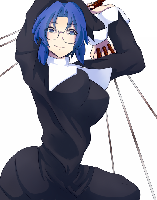 arms_up, black_keys_(type-moon), blue_eyes, blue_hair, breasts, ciel_(tsukihime), glasses, kuroi_no, large_breasts, melty_blood, smile, solo, tsukihime, white_background