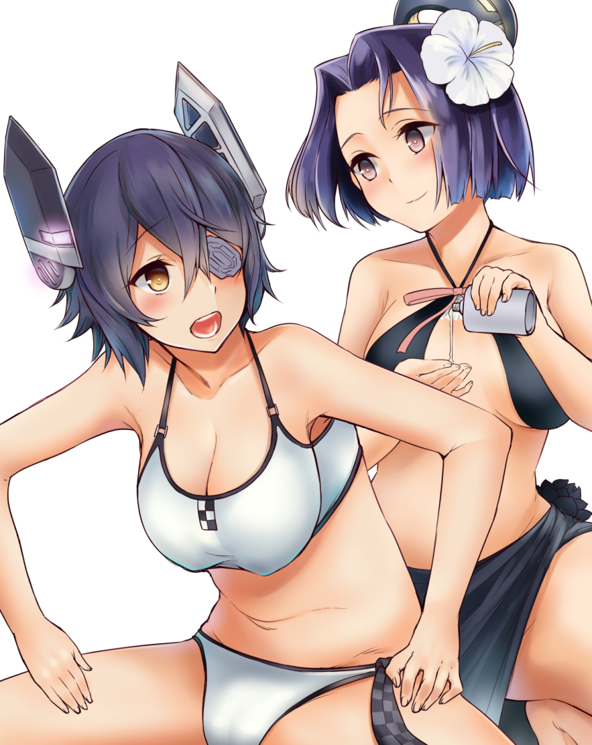 10s, 2girls, applying_sunscreen, bad_id, bad_pixiv_id, bikini, blush, breasts