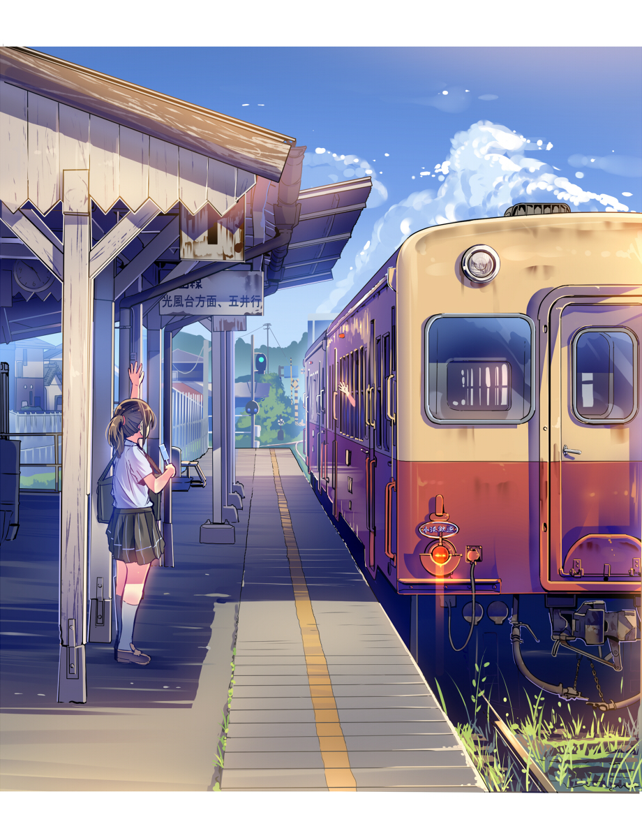 1girl, arm_up, bag, blue_sky, brown_hair, cloud, commentary_request, daito, day, food, highres, holding, holding_food, kneehighs, kominato_railway, loafers, long_hair, multiple_unit_train, original, outdoors, pleated_skirt, ponytail, popsicle, railroad_signal, railroad_tracks, real_world_location, school_bag, school_uniform, shadow, shirt, shoes, short_sleeves, skirt, sky, slice_of_life, socks, solo_focus, standing, sunlight, train, train_station, train_station_platform, waving, white_shirt