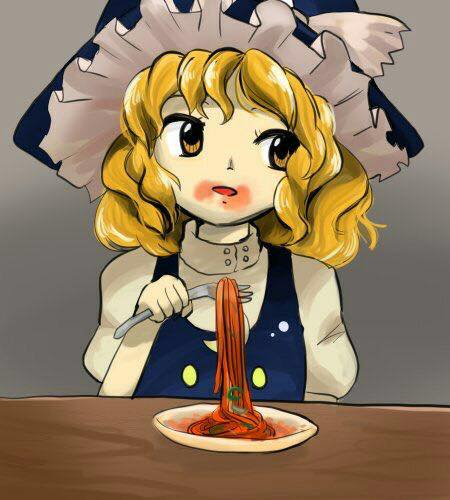 blue_hat, eating, food, food_on_face, fork, hat, kanmarisa_(meme), kirisame_marisa