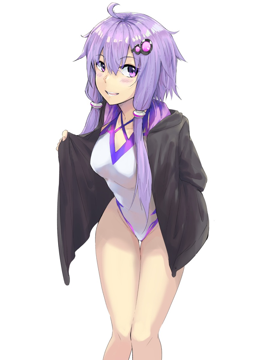 ahoge, arm_behind_back, blush, hair_between_eyes, highres, jakcet, long_hair, one-piece_swimsuit