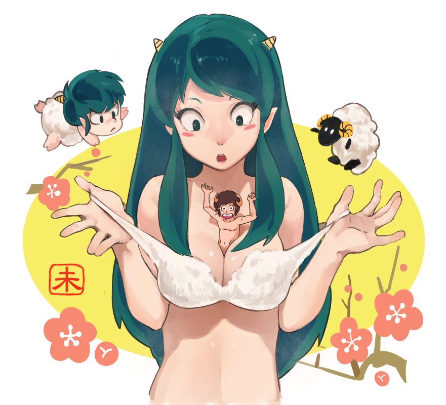 1girl, 2boys, between_breasts, bra, breasts, brown_hair, catherine_(game), catherine_cover_parody