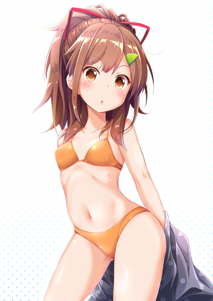 1girl, arm_behind_back, bikini, brown_eyes, brown_hair, contrapposto, cowboy_shot, female_focus