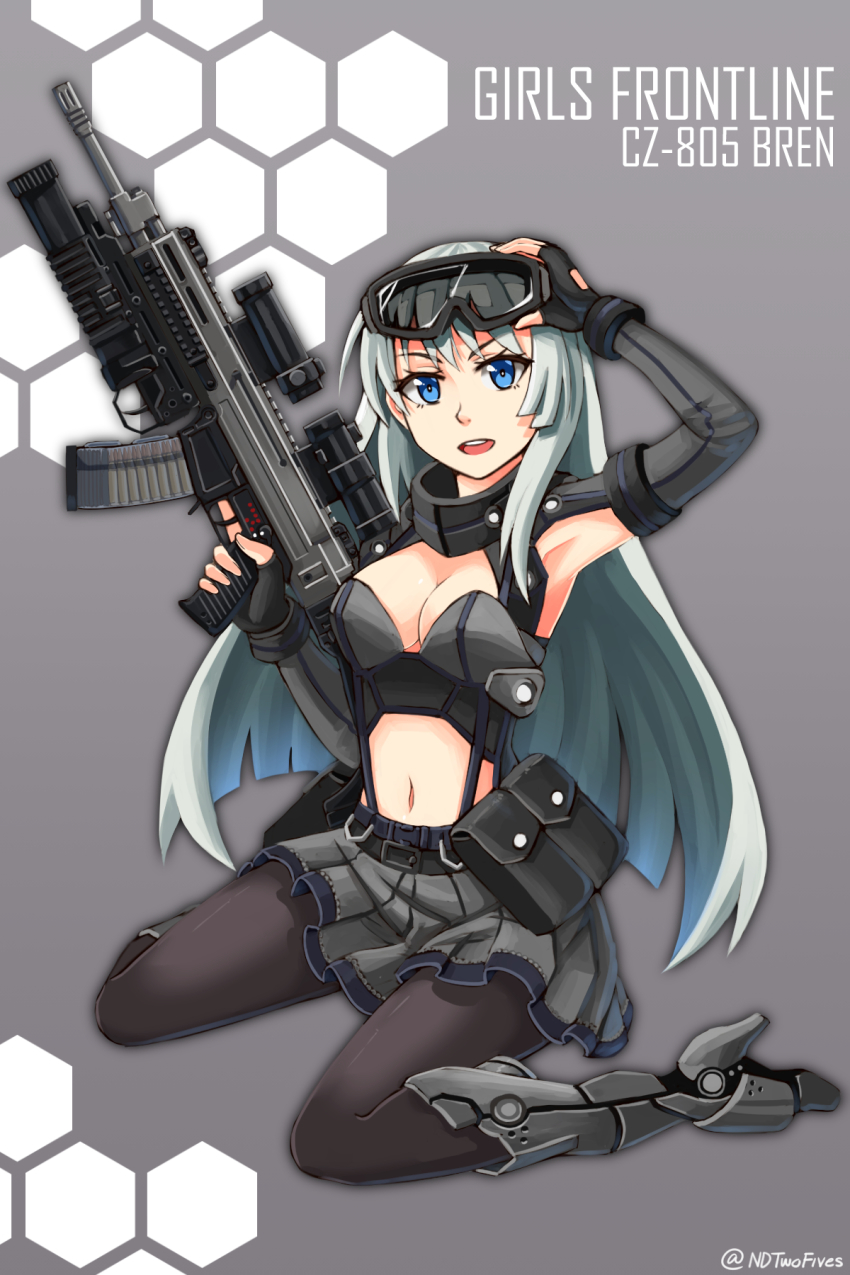 ammunition_pouch, armband, armpits, assault_rifle, black-framed_eyewear, black_boots, black_gloves, blue_eyes