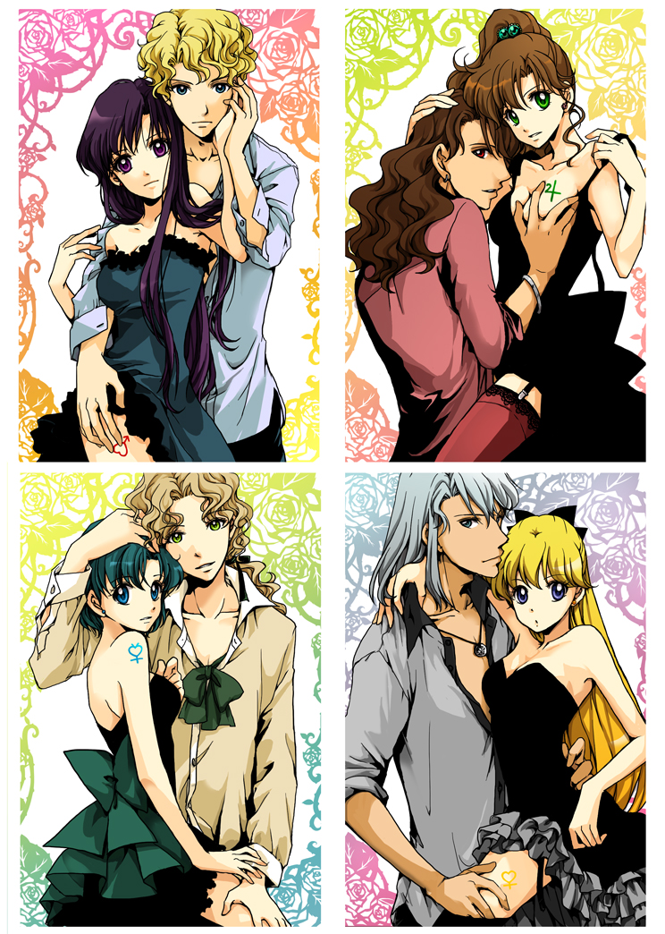 4boys, 4girls, aino_minako, androgynous, aqua_hair, bishoujo_senshi_sailor_moon, bishoujo_senshi_sailor_moon_(first_season), black_dress