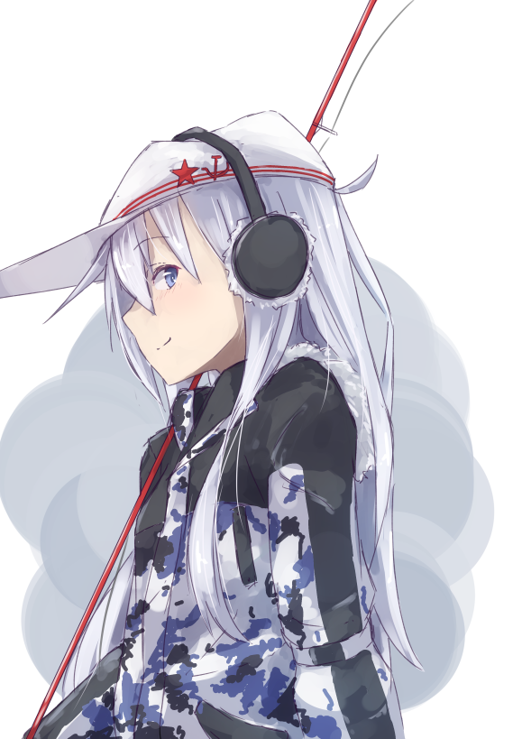 1girl, alternate_costume, belt, blue_eyes, blush, camouflage, camouflage_jacket, earmuffs