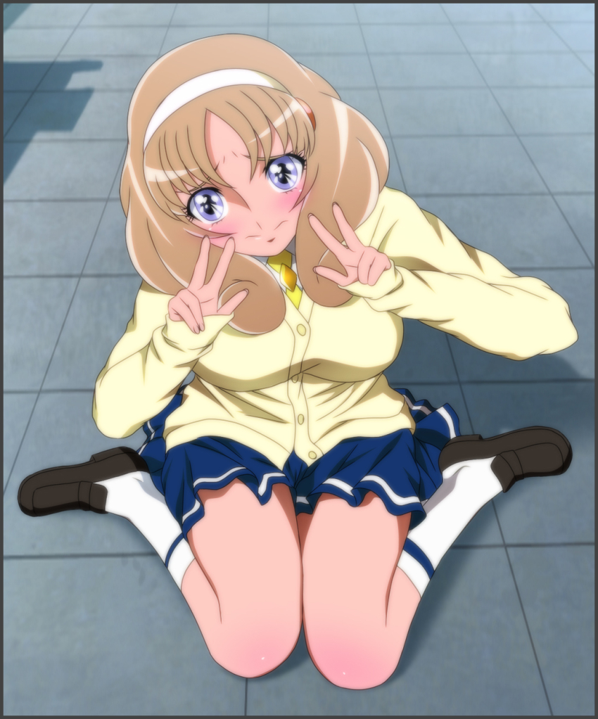 1girl, aquila_yuna, blazer, blonde_hair, blue_eyes, blue_skirt, breasts, brown_shoes