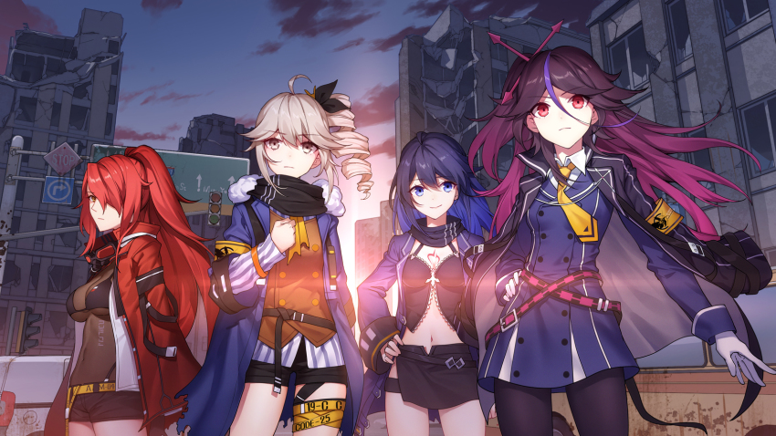 4girls, ahoge, armband, bad_id, bad_pixiv_id, belt, belt_skirt, honkai_gakuen