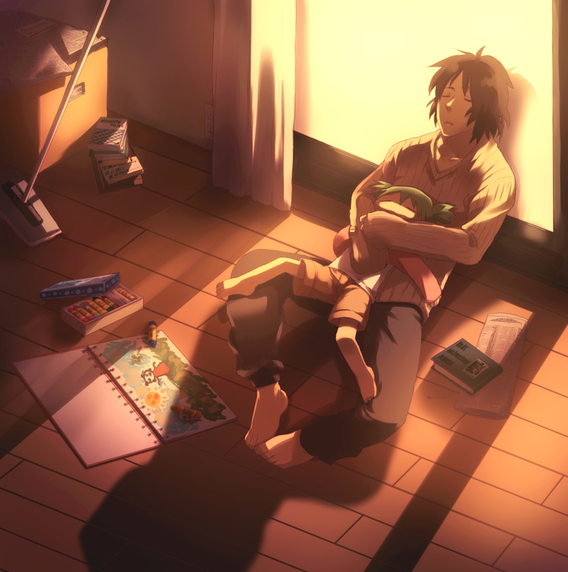 1boy, 1girl, age_difference, barefoot, book, box, child, closed_eyes, crayon, curtains, family, family_bonding, father_and_child, father_and_daughter, green_hair, hug, indoors, koiwai_yotsuba, mr._koiwai, newspaper, notebook, parent_and_child, sleeping, slice_of_life, tore, tore_(ksg666xxx), window, yotsubato!