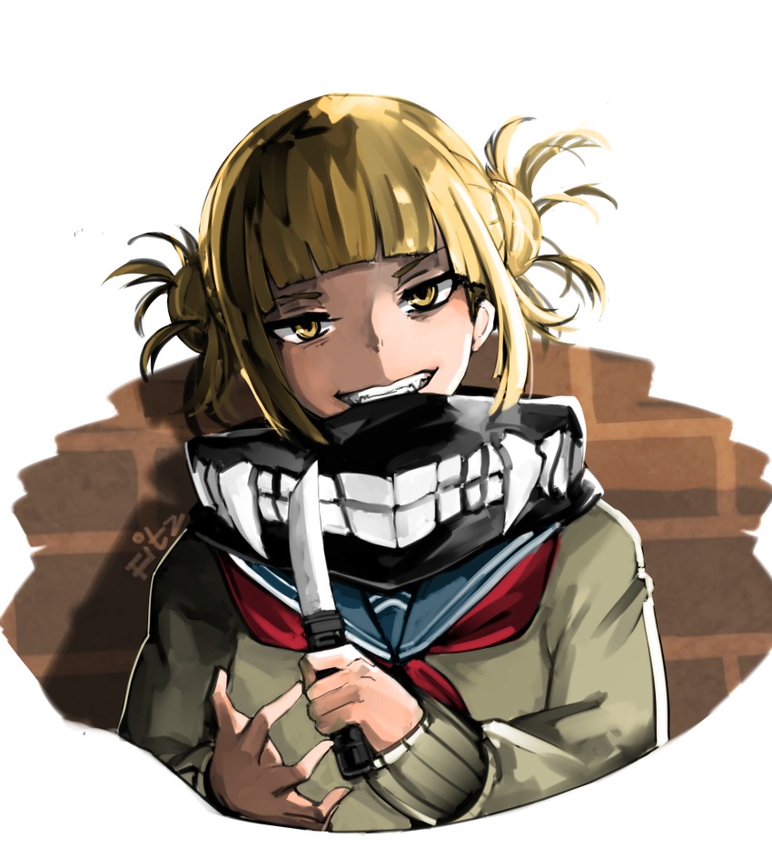 10s, 1girl, blonde_hair, blunt_bangs, boku_no_hero_academia, cardigan, double_bun, fangs