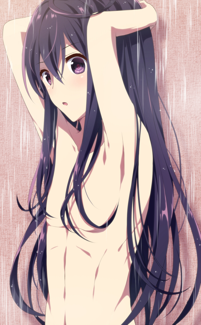 10s, 1boy, androgynous, arms_up, black_hair, hair_between_eyes, hair_down, long_hair
